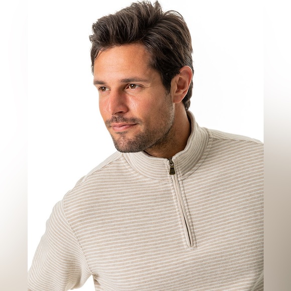 Todd & Gunn Beige White Striped Riverlands Sweatshirt 1/4 Zip 100% Cotton Size M - Picture 12 of 12